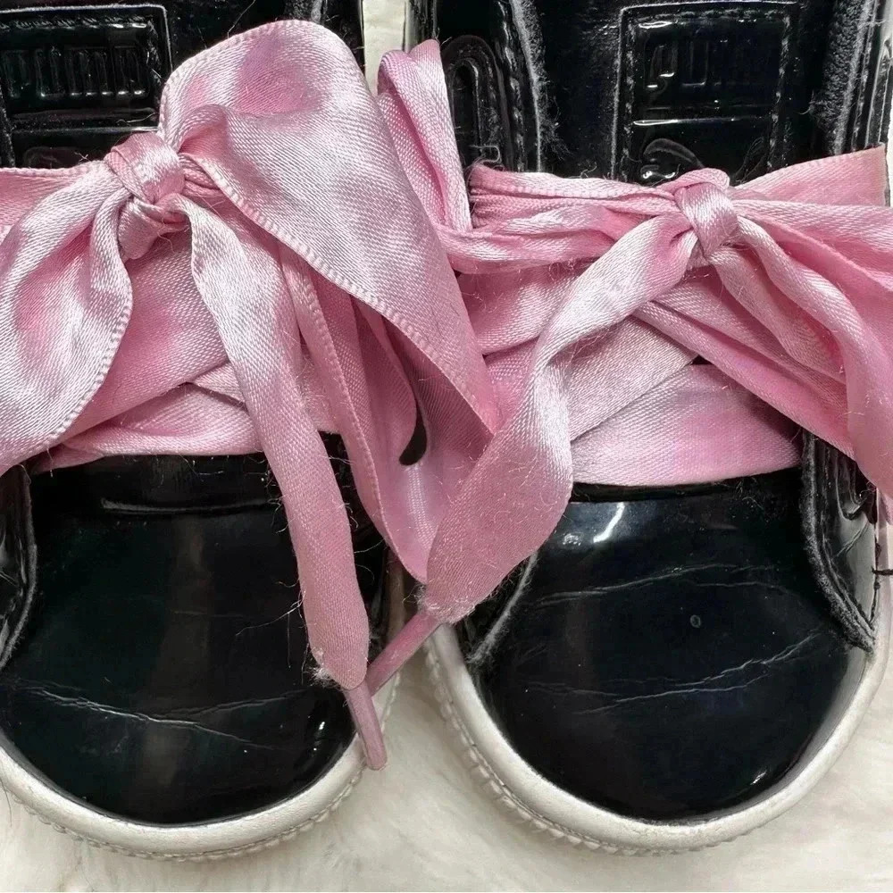 Puma Basket Heart Patent Black Sneakers  Pink Laces Size 8 - Picture 5 of 16